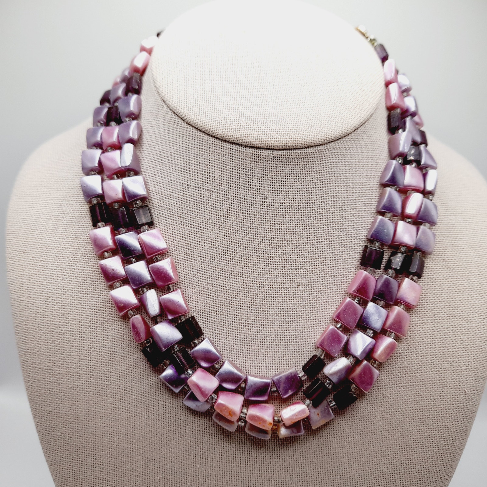 Vintage Japan 1950s Pink Lavender Pearl Finish 3 Strand Necklace 17”